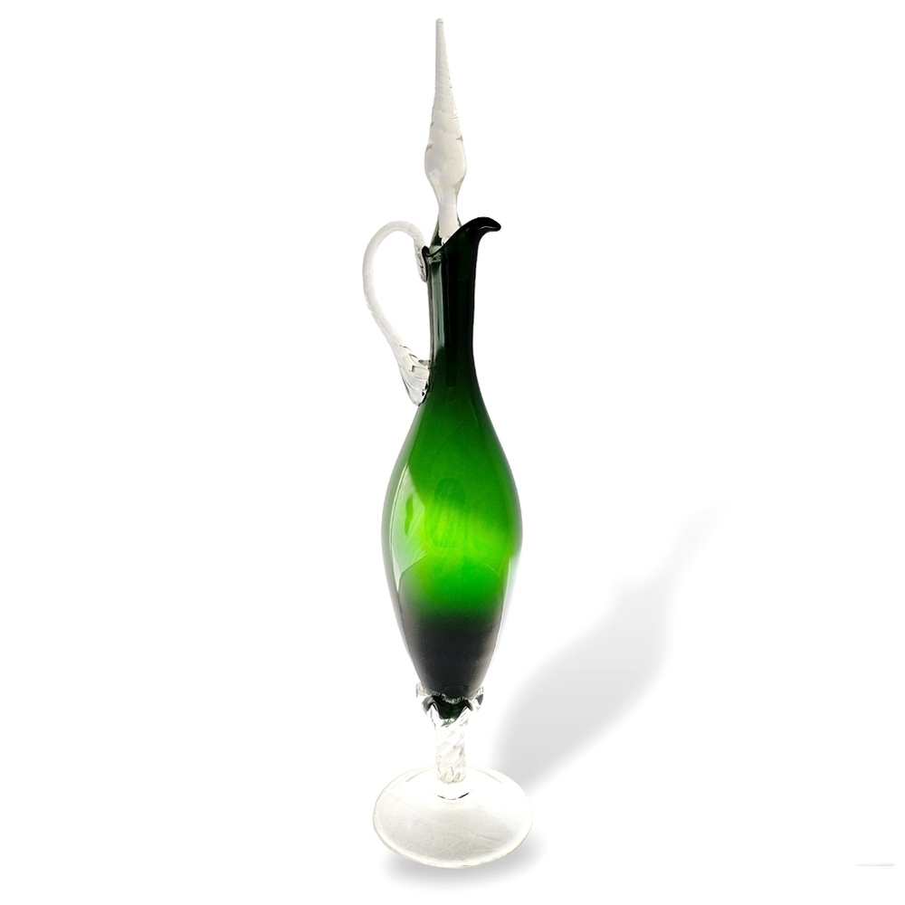 1960s Italian Empoli Emerald Green Blown Glass Decanter With Stopper